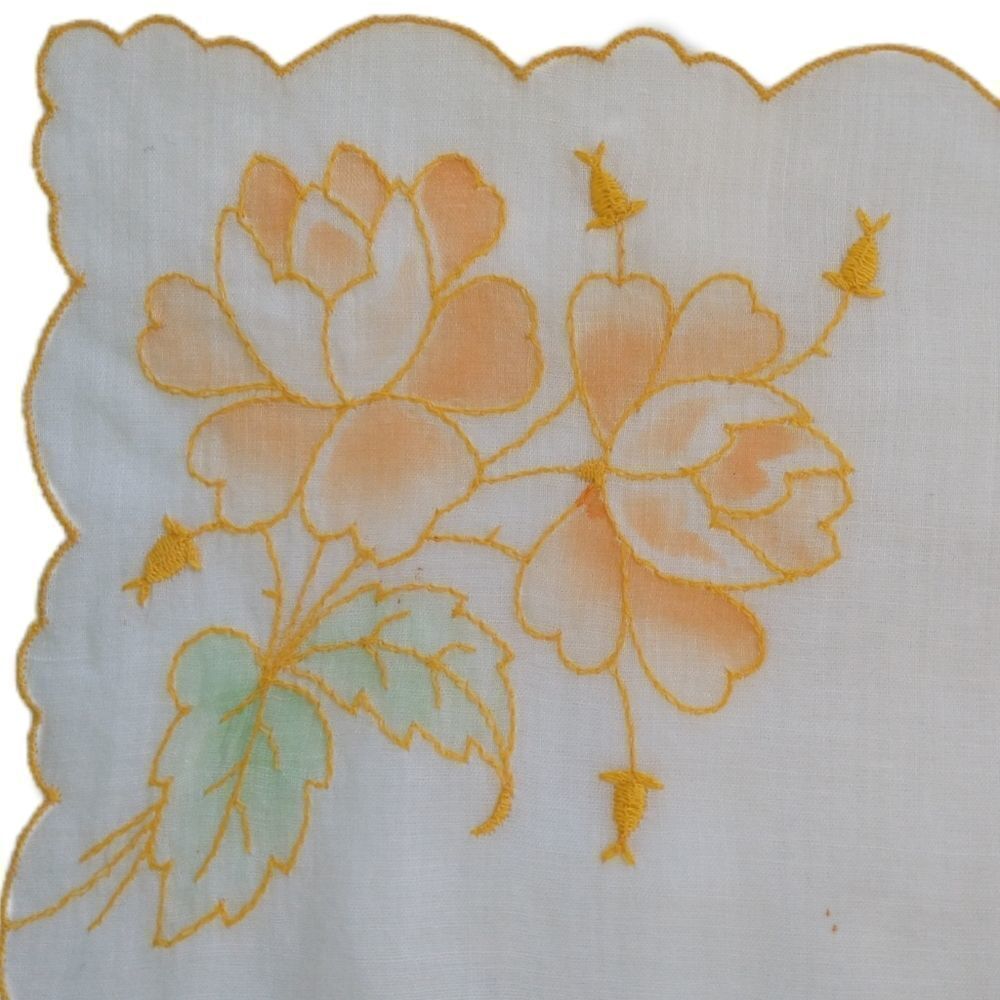 Vtg Embroidered Yellow Rose Hankie Floral Handkerchief Victorian Cottagecore‎
